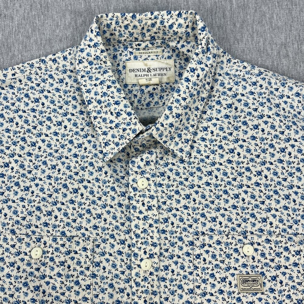 Denim & Supply Ralph Lauren Shirt Mens XL Long Sleeve Ivory White Blue Floral